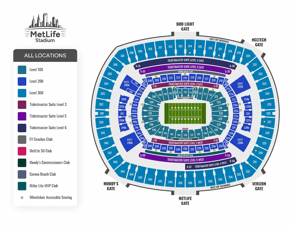 MetLife Stadium. Mapa de localidades